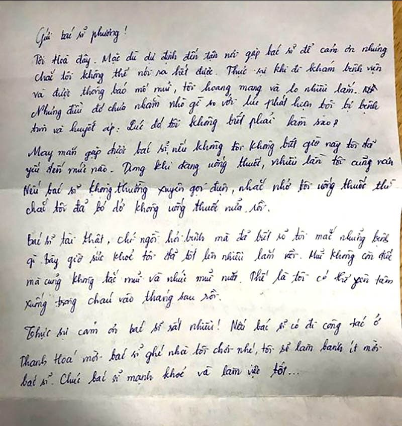 Lá thư xúc động của người bệnh gửi cho bác sĩ Lê Phương