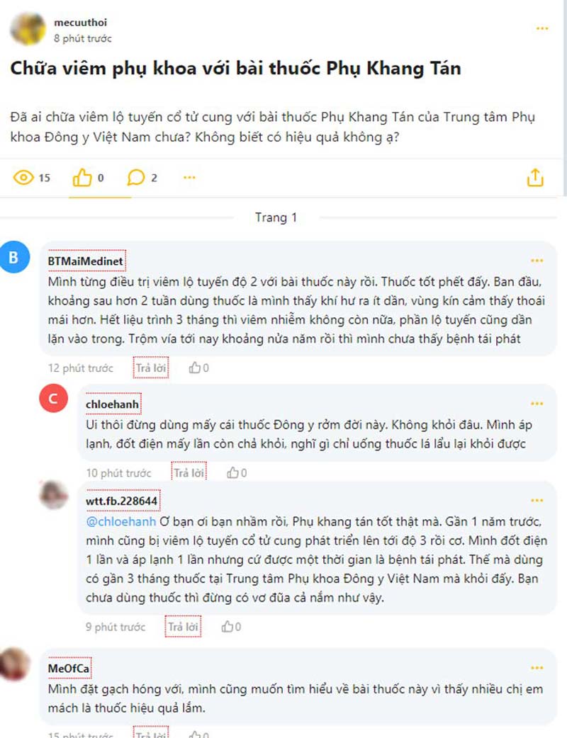 Nhiều chị em chia sẻ kết quả điều trị viêm lộ tuyến bằng Phụ Khang Tán trên webtretho