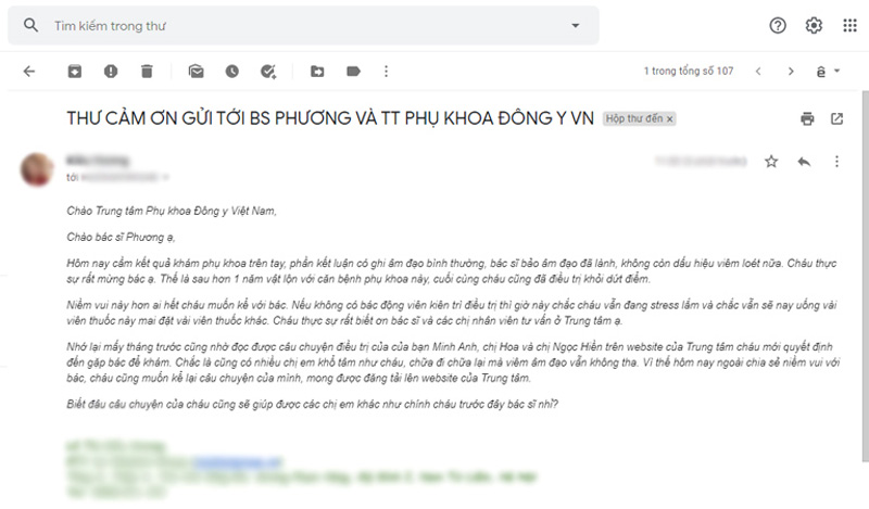 Một bệnh nhân gửi thư cảm ơn về Trung tâm Phụ khoa Đông y Việt Nam
