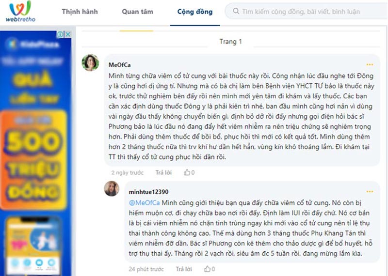 Chị em chia sẻ về Phụ Khang Tán chữa viêm cổ tử cung trên webtretho